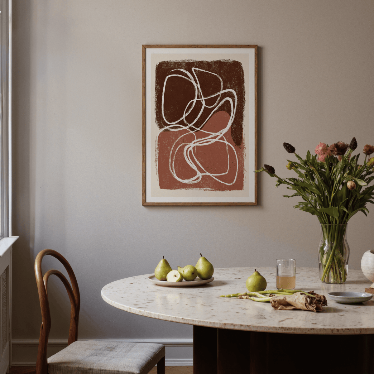 Modern abstract shapes wall art print with central overlapping contours and negative space margin