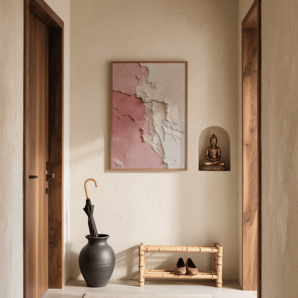 Pink and Beige Pink Wabi Sabi Poster above bed for bedroom decor