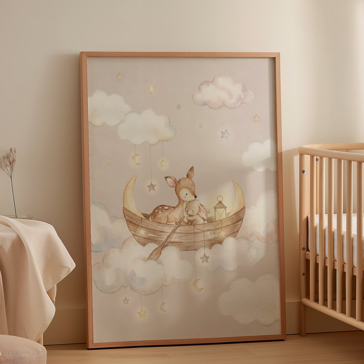 Nursery wall art print of cloudscape with hanging stars and moons around a wooden boat scene