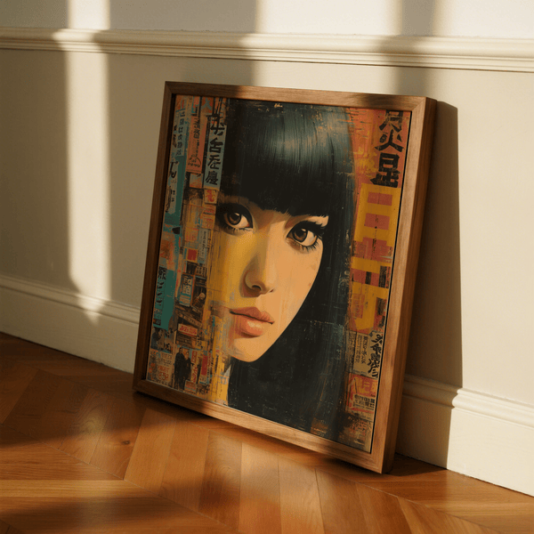 Japanese Woman Art elegant Black Gold Gray wall print for study