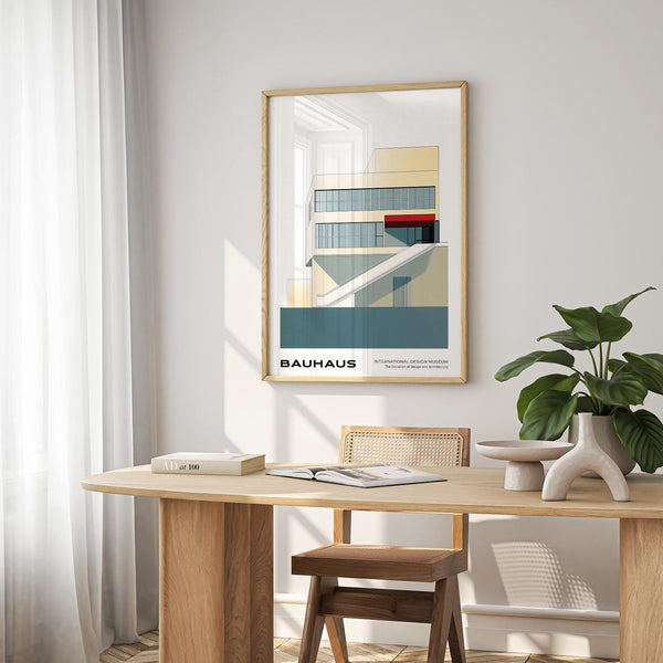 Red awning and sharp angles create a focal point in geometric mid century modern art.