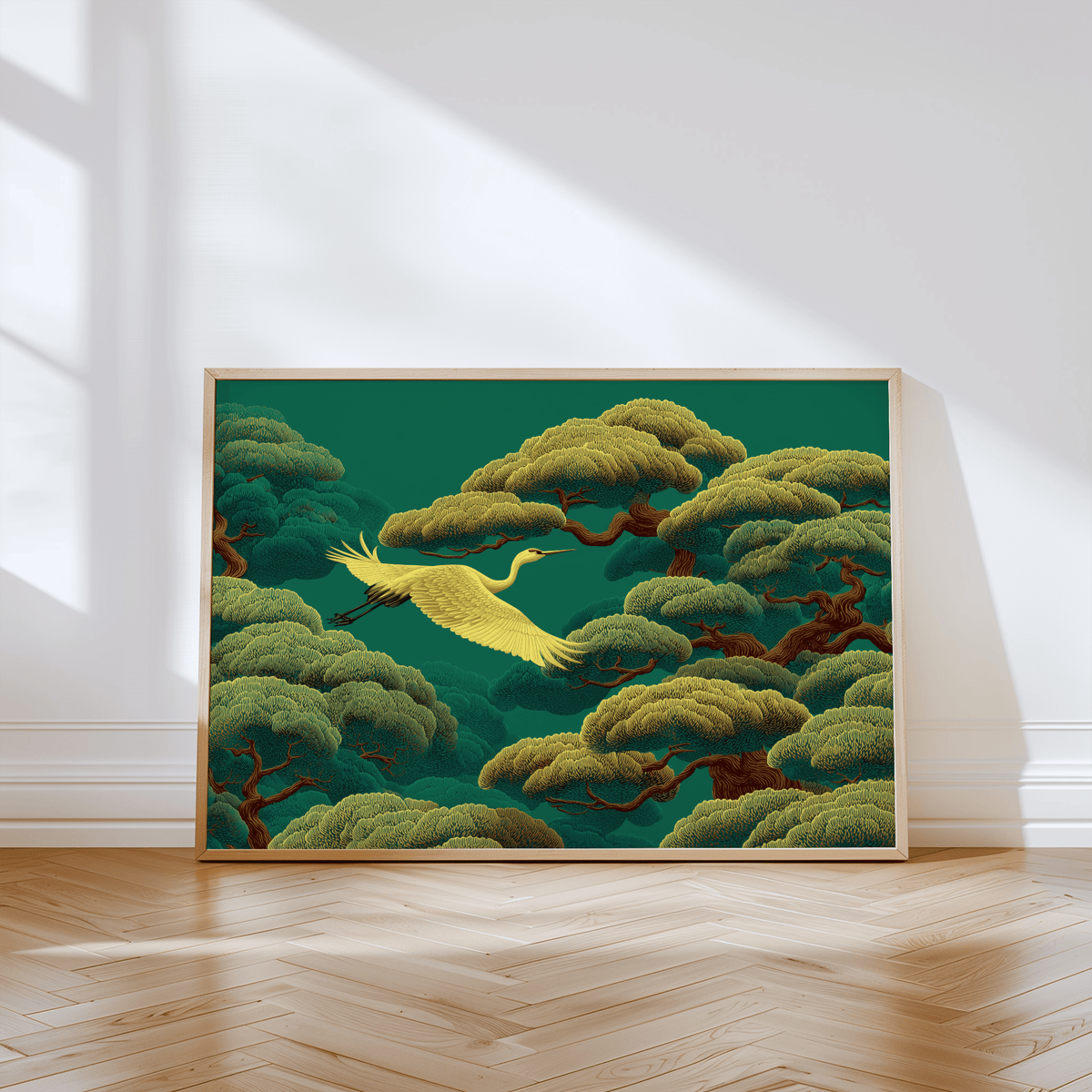 White Crane Artwork print for bedroom, green and white colors