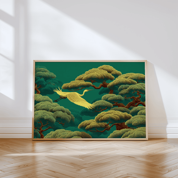 White Crane Artwork print for bedroom, green and white colors