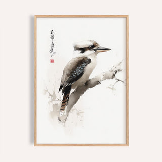Watercolor Japanese Bird Art Kookaburra Print with Asian-inspired brush strokes