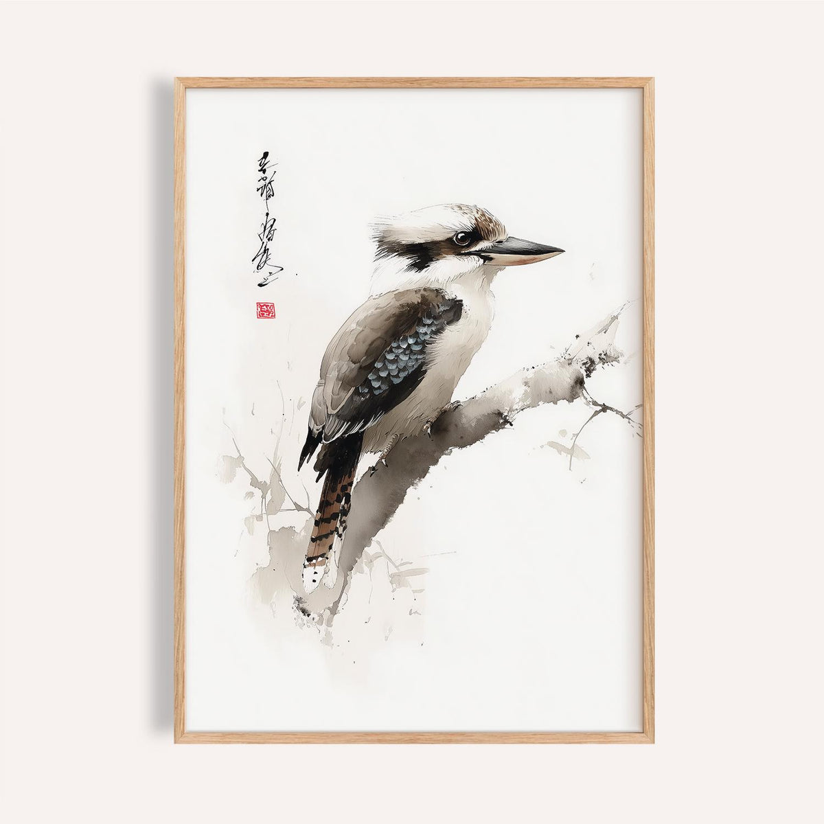 Watercolor Japanese Bird Art Kookaburra Print with Asian-inspired brush strokes