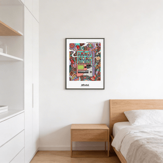 Modern Vending Machine Art Print with central machine motif and layered swirl composition