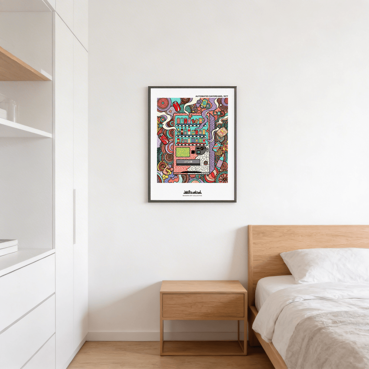 Modern Vending Machine Art Print with central machine motif and layered swirl composition