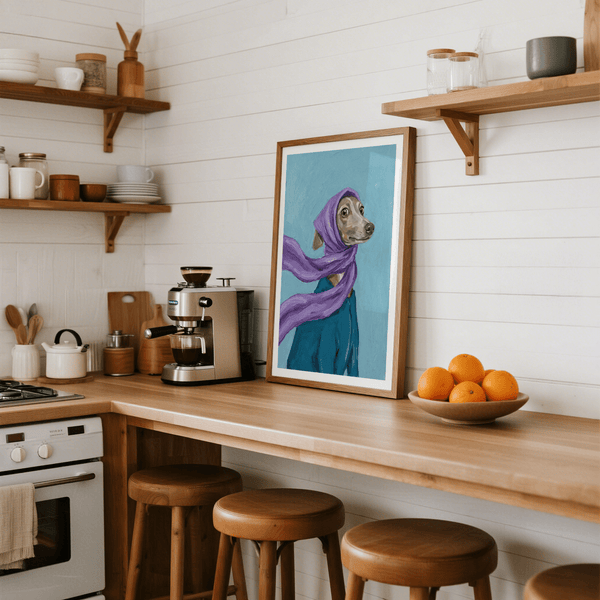 Dressed up Dog Art poster featuring whimsical purple, gray, green in office decor