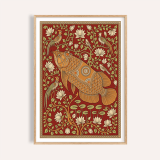 Ornate fish and lotus poster with Traditional Indian Wall Art design