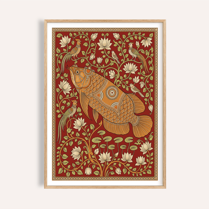 Ornate fish and lotus poster with Traditional Indian Wall Art design