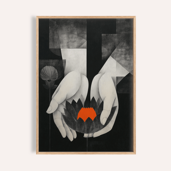 Abstract hands holding lotus poster, Padma Wall Art with layered geometric blocks
