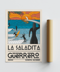 Silhouetted surfers paddling against stylized sea pattern illustration