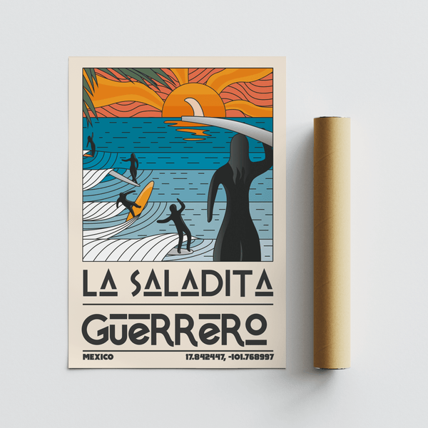 Silhouetted surfers paddling against stylized sea pattern illustration