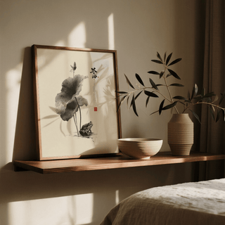 Modern Japanese Frog Art for hallway, gray and white art print