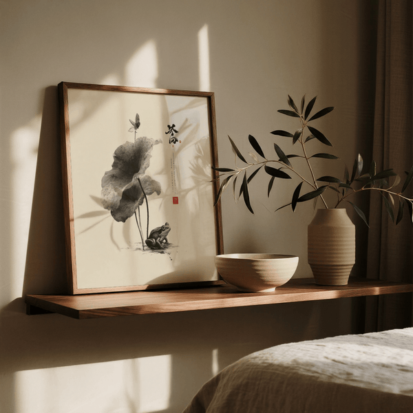 Modern Japanese Frog Art for hallway, gray and white art print