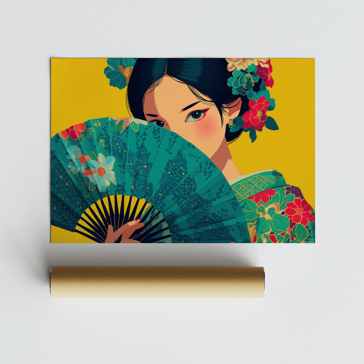 Japanese Geisha Wall Art with vibrant yellow and calming green for entryway print