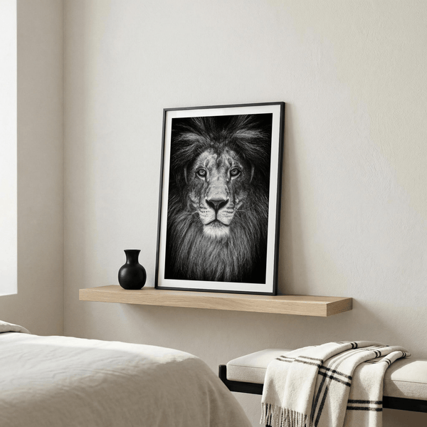 Black and White Lion Print wall art with tight crop of lion eyes, nose, and whiskers