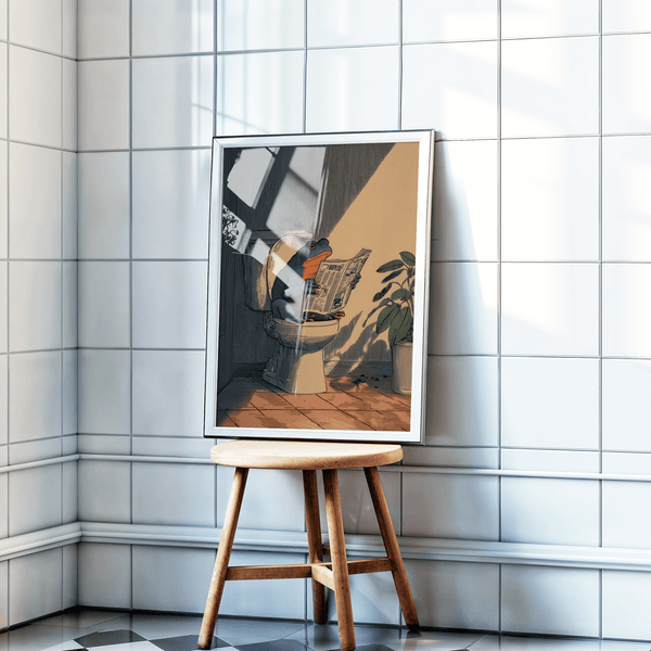 Playful illustration of Green frog against Beige wall on toilet seat