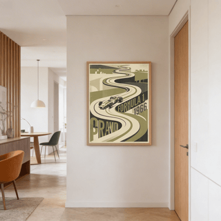 Stylized circuit wall art print with dramatic winding track perspective and bold Formula 1 lettering
