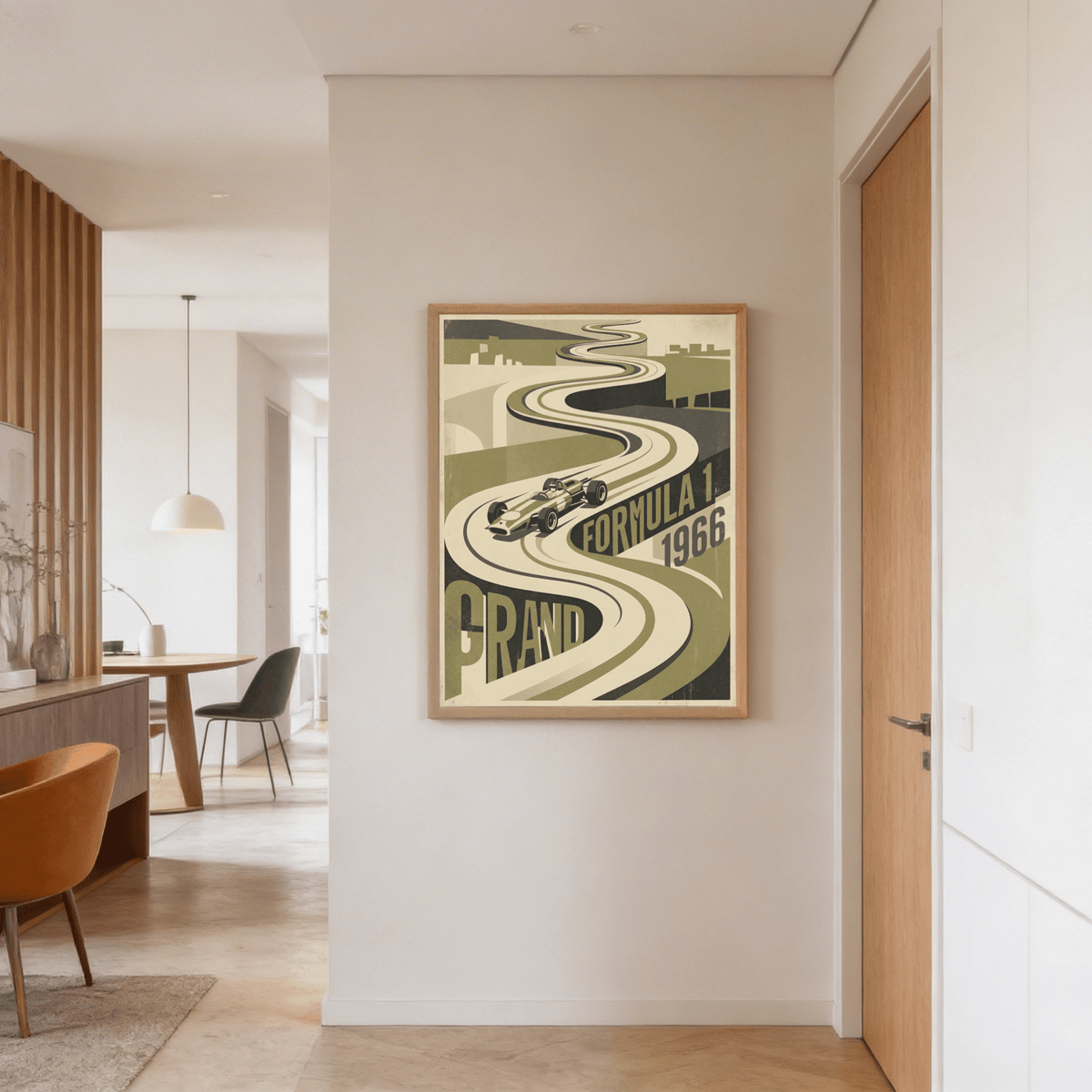Stylized circuit wall art print with dramatic winding track perspective and bold Formula 1 lettering