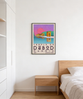 Illustrated travel wall art poster featuring temple, pool reflection, and sky