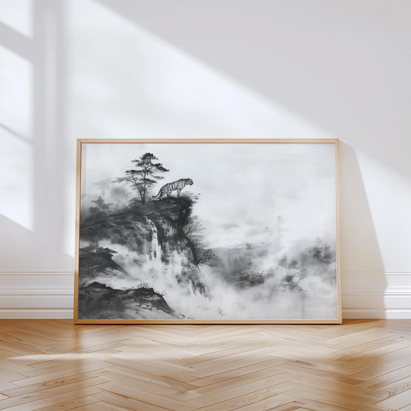 Asian tiger art featuring a tiger on a cliff in black ink with misty valley and trees.