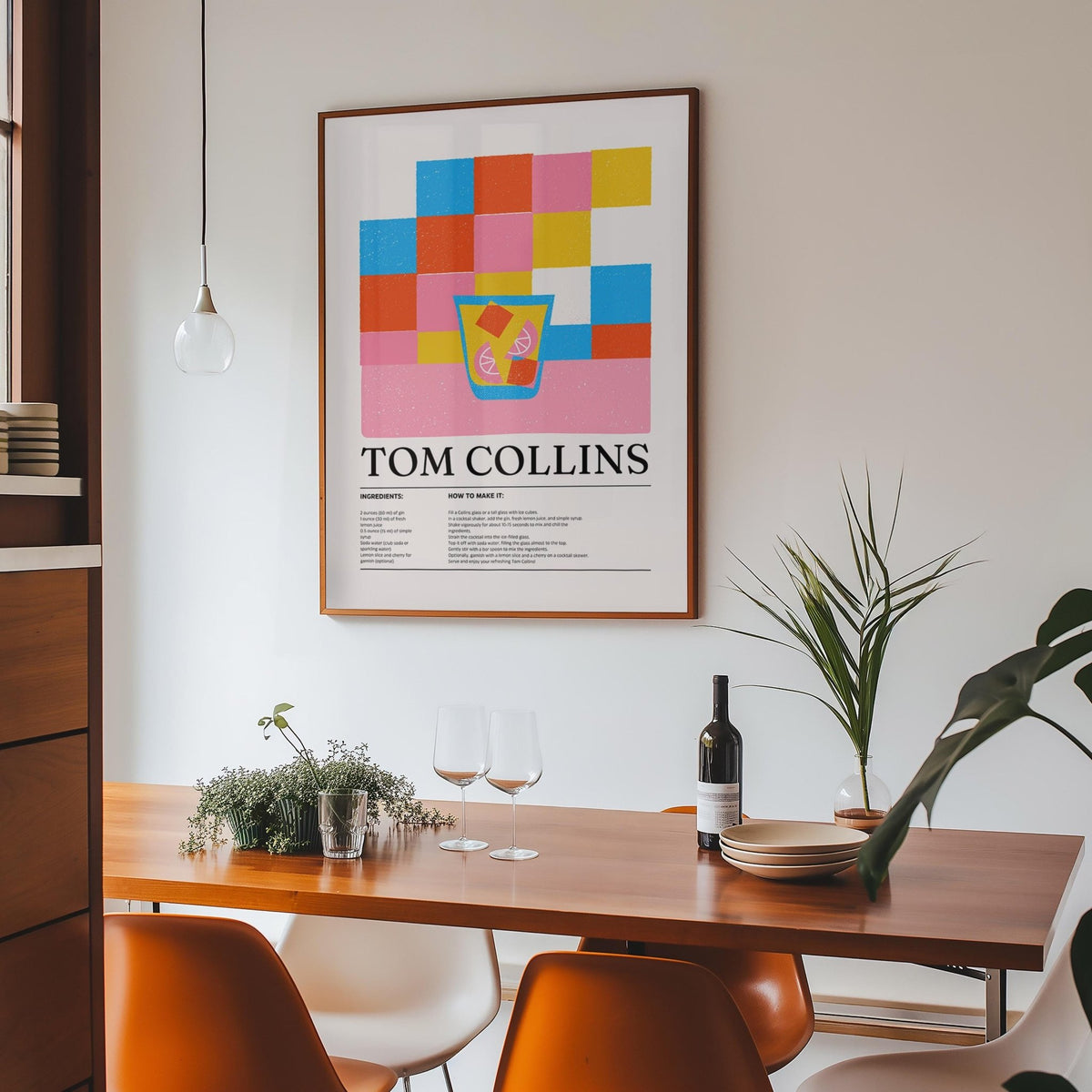 Gin-based cocktail poster with colorful block-style design.