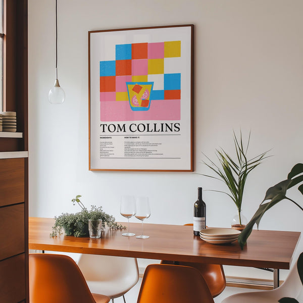 Gin-based cocktail poster with colorful block-style design.