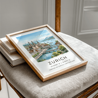 Swiss city poster depicting river bridges, sailboats, and mountain range