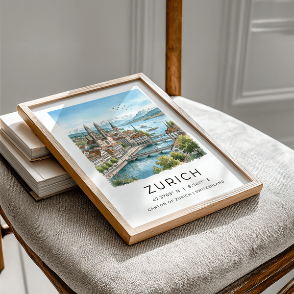 Swiss city poster depicting river bridges, sailboats, and mountain range