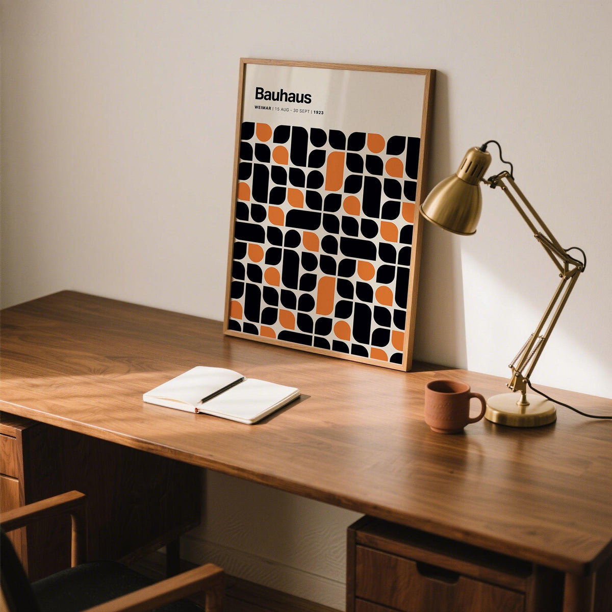 Geometric Bauhaus pattern print inspired by 1923 Weimar exhibition.