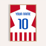 Custom Football Shirt – Red and White Stripes with Blue Number — wooden-frame main image