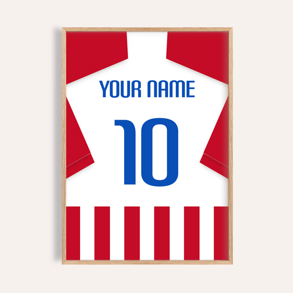 Centered Atletico Madrid Football Shirt Poster with YOUR NAME text and number 10 print