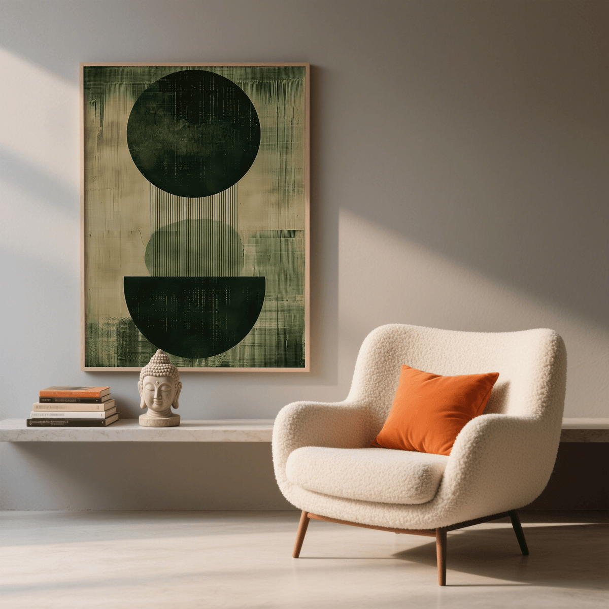 Green Wabi Sabi Print abstract wall art, main colors Green and Beige, dining room