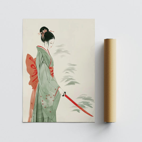 Graceful portrait of female warrior with flowing lines in Japanese Watercolor Art.