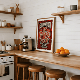 Depicting vintage-style eagle motif poster print with El Maestro typography