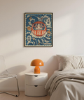 Lucky daruma doll poster flanked by swirling blue waves