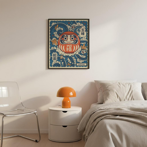 Lucky daruma doll poster flanked by swirling blue waves