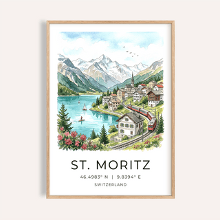 Watercolor St. Moritz landscape poster with lake, mountains, and village text