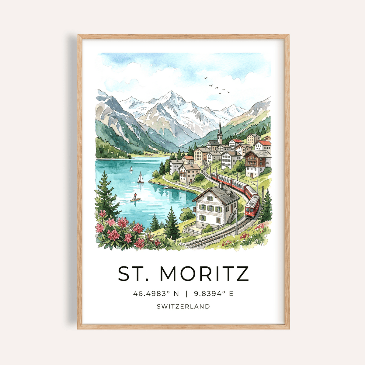 Watercolor St. Moritz landscape poster with lake, mountains, and village text