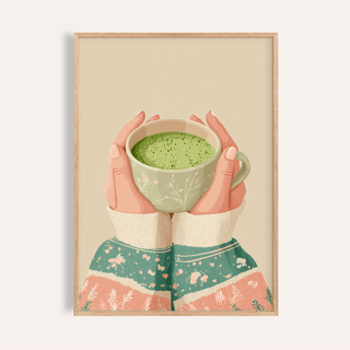 Matcha Tea Art Print wall art with green beige tones for kitchen decor