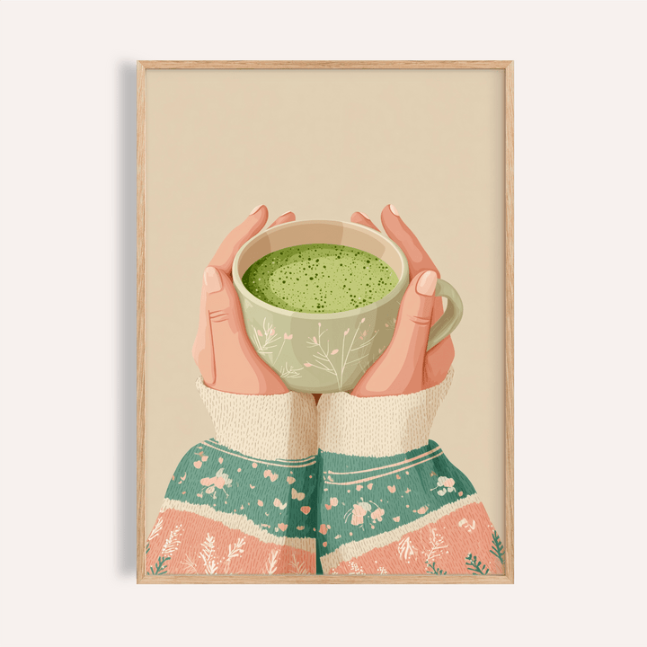 Matcha Tea Art Print wall art with green beige tones for kitchen decor