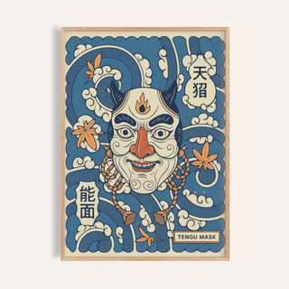 Centered horned mask poster with waves and Japanese characters wall art