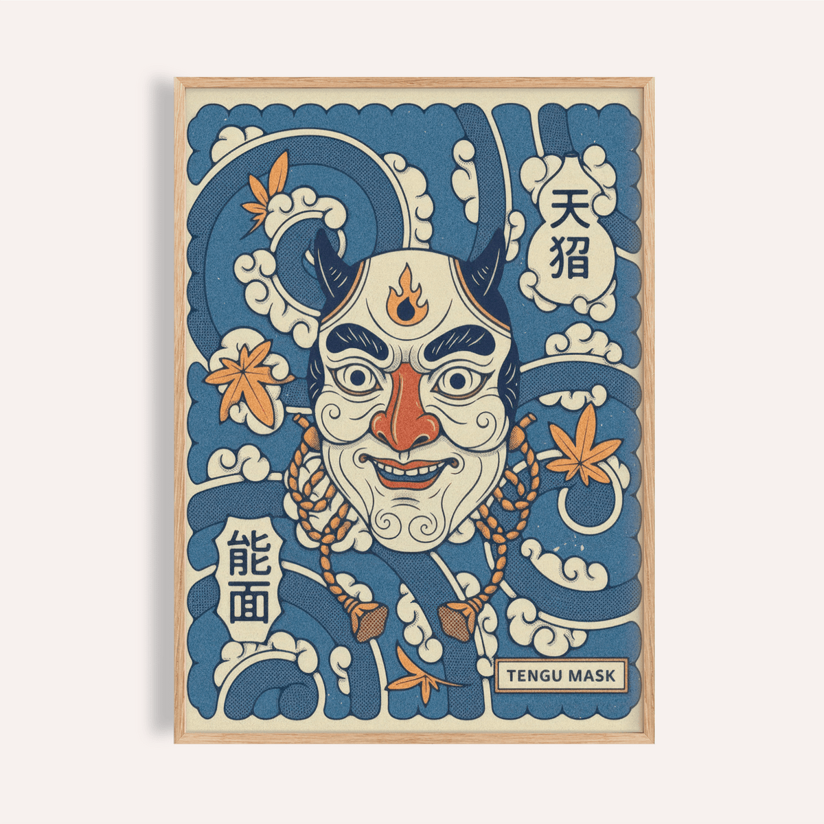 Centered horned mask poster with waves and Japanese characters wall art
