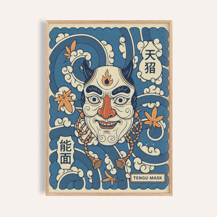 Centered horned mask poster with waves and Japanese characters wall art