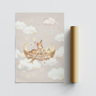 Pastel Cute Nursery Wall Art showing a baby deer and bunny in a boat with a paddle and lantern
