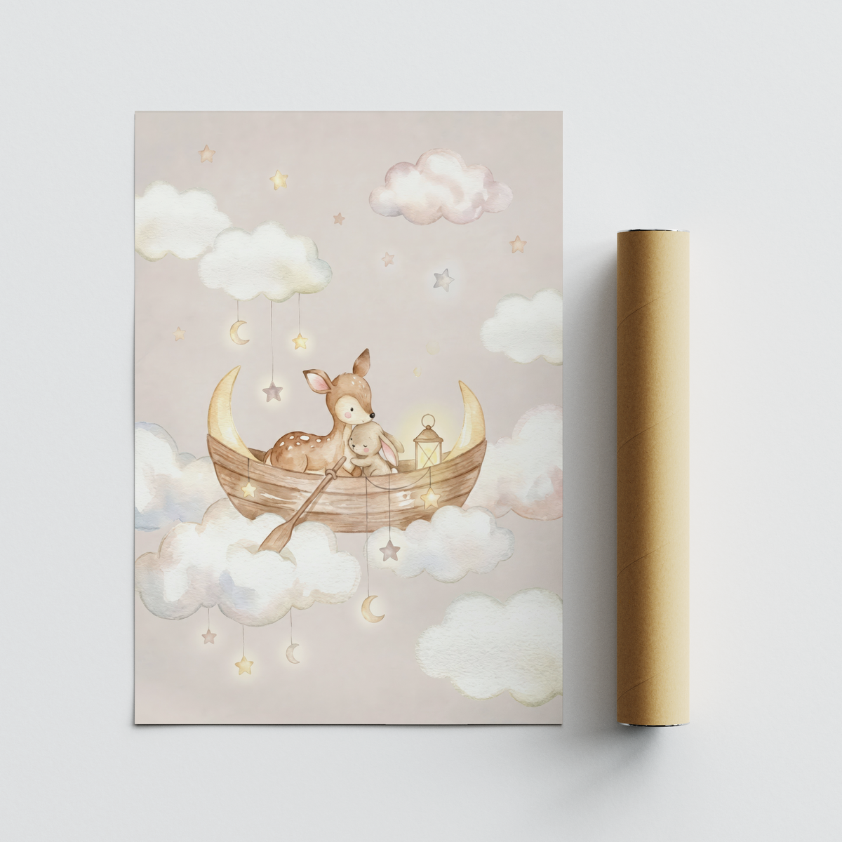 Pastel Cute Nursery Wall Art showing a baby deer and bunny in a boat with a paddle and lantern