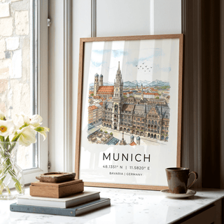 Detailed view of Munich City Wall Art showing rooftops, domed towers, and distant mountains