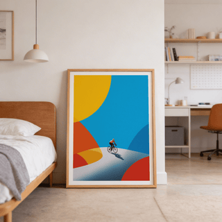 Close-up of cyclist on road curve, wall art poster with long cast shadow and clean geometric background