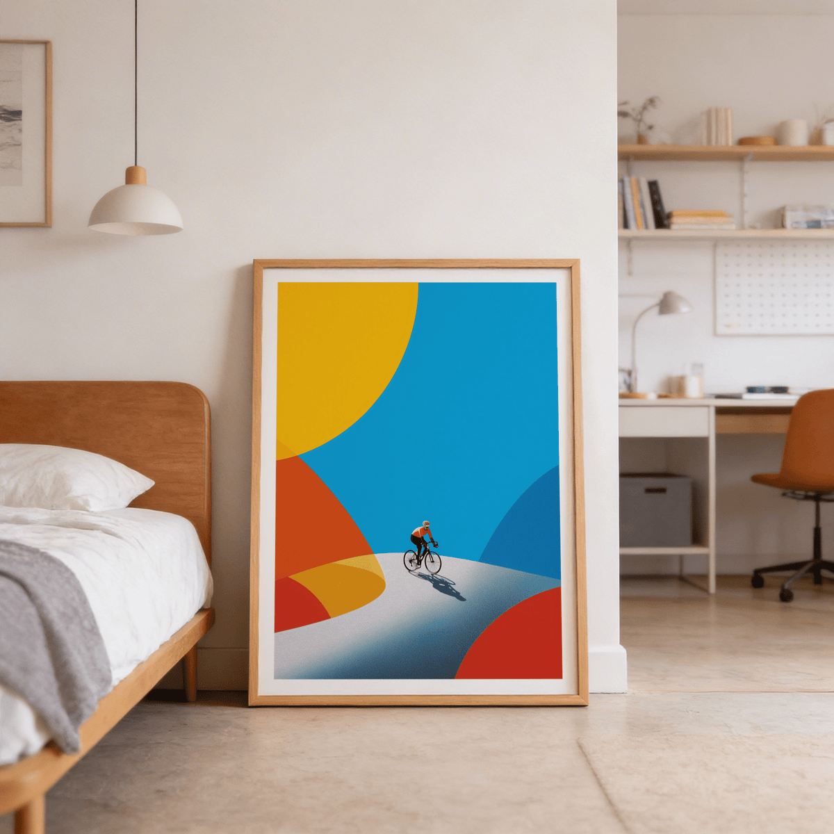 Close-up of cyclist on road curve, wall art poster with long cast shadow and clean geometric background